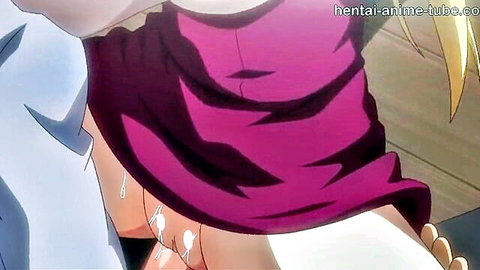 Blonde hentai sister in purple dress with exposed cumshot