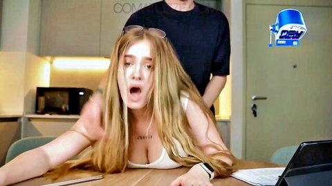 Gorgeous blonde teen in intense adult scene with male partner