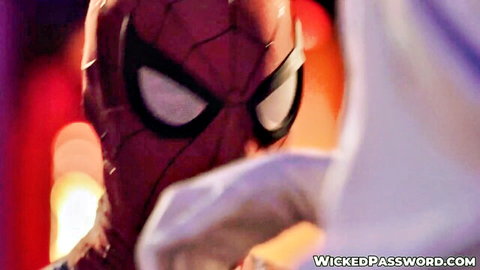Intense Spider-Man cosplay close-up with masked gaze in XXX parody scene