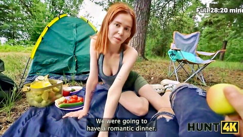Redhead Moon Imp in romantic outdoor dinner setup with Andrew Marshall in Hunt4K hardcore trailer