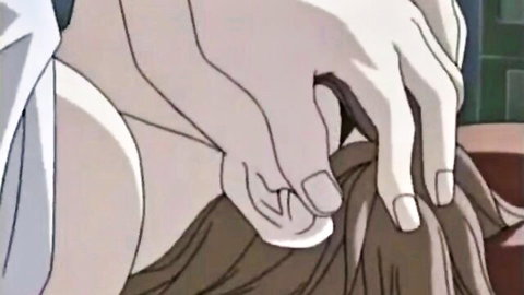 Hentai OVA intimate scene: man gripping anime girl's brown hair and neck