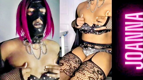 Joanna pink-haired masked sissy in black lingerie, chains, BDSM tease