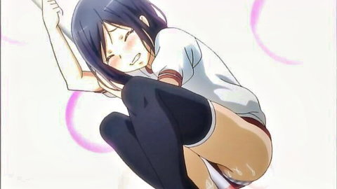 Anime schoolgirl in ecstasy squatting with fluid on thigh, hentai style