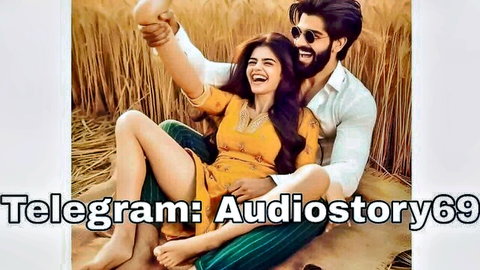 Desi couple in yellow dress embracing on lap in wheat field, romantic adult vibe