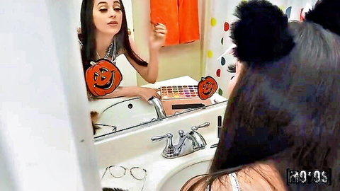 Maddy May in Halloween cat ears mirror selfie, sexy bathroom tease