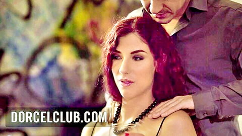 Red-haired woman in lingerie touched by man, DorcelClub scene