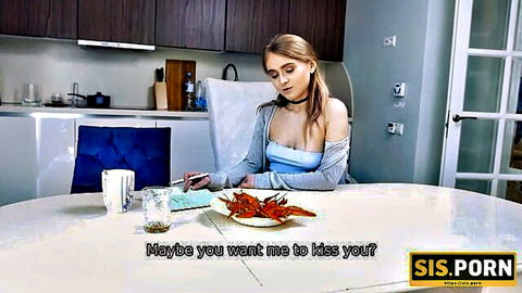 Blonde stepsister in off-shoulder top teases with kiss offer at table