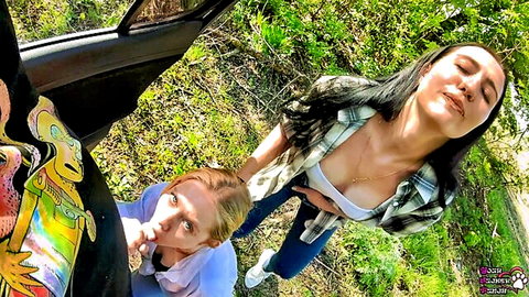 Brunette and blonde in outdoor POV blowjob setup with epic facial