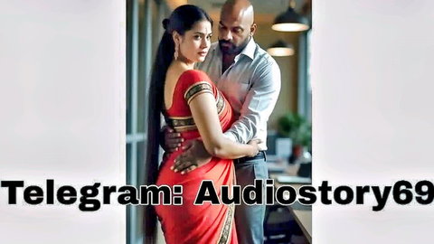 Indian woman in red saree embraced from behind by bald man in shirt, erotic couple pose