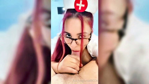 Seductive pink-haired nurse in glasses and uniform teases intimately