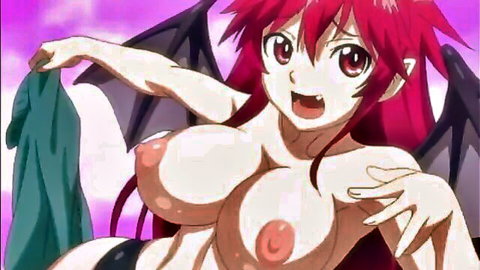 Anime succubus with red hair and massive tits posing topless seductively