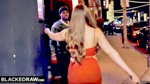 Curvy big-titted hottie in red dress with BBC guy outside club