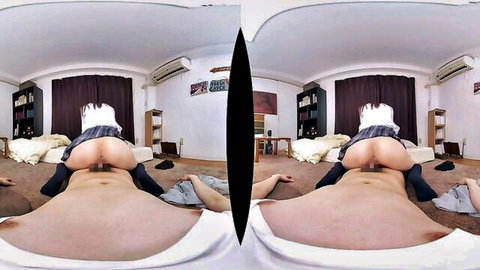 VR POV of naughty Asian schoolgirl bending over exposing shaved pussy and ass with hard cock underneath