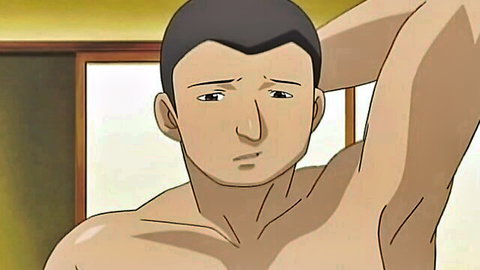 Anime muscular Japanese man shirtless surprised expression