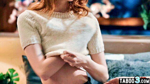 Dee Williams redhead teen slut in cropped sweater teasing, tied lesbian fingering scene