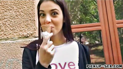 Stunning Czech brunette licking ice cream teasingly outdoor