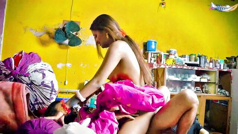 Busty topless South Asian babe straddles man in messy kitchen with exposed tits
