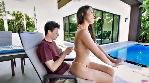 Amiee Cambridge in orange bikini teasing stepson poolside