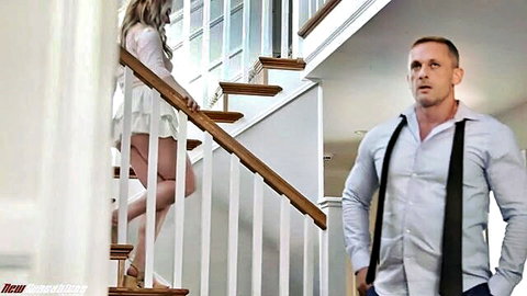 Blonde in short white dress teases man from stairs in creampie fantasy