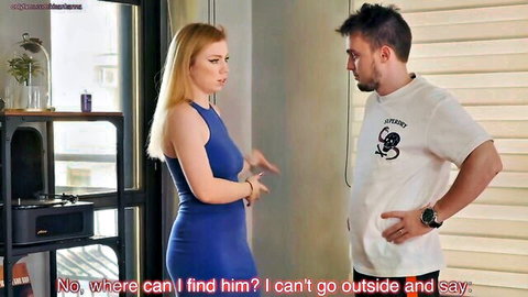 Blonde in tight blue dress talks to guy before creampie action
