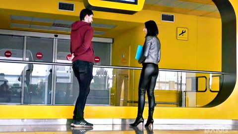 Bimbo Barbi in tight leather pants and heels, flirty airport encounter