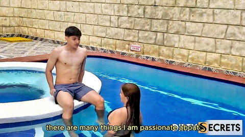 Asian swim trainer flirts with busty stepdaughter in bikini by pool