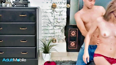 Andrew Marshall gropes busty blonde's nipples from behind in red panties
