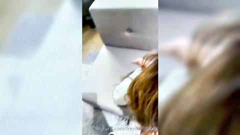 Rae Lil Black in teasing white outfit, close-up oral action