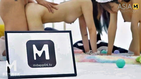 Asian teen orgy in kitchen with nude girls bent over and group touching