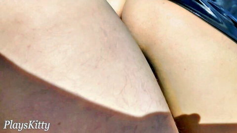 PlaysKitty in tight leather skirt, teasing thighs outdoors on camping trip