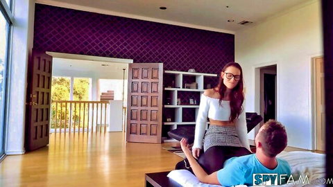 Aidra Fox brunette with glasses straddles stepbro in white top and skirt