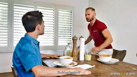 Muscular men at dinner table in steamy Brazzers setup with Latina action ahead