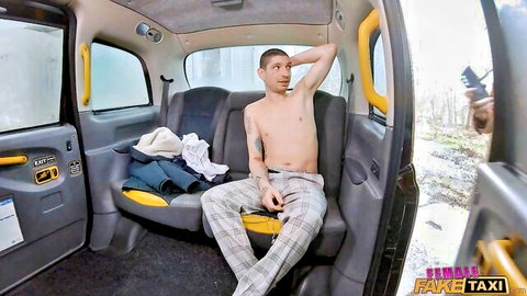 Shirtless tattooed man in checkered pajama pants in Fake Taxi cab