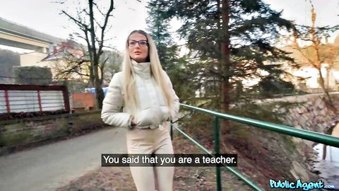 Maddy Black as teacher in Public Agent outdoor pickup, blonde in white jacket