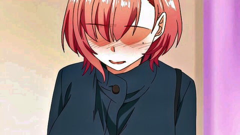 Seductive pink-haired anime girl with cleavage in open coat, hentai style