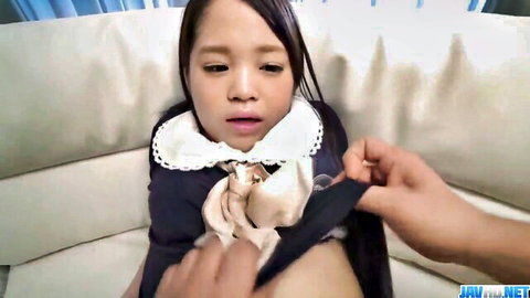 Cute Thai teen in sailor school uniform teased by hand on thigh