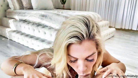 Blonde glamour babe crawling seductively, topless and eager for sex