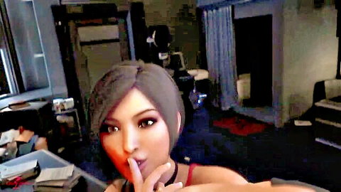 Seductive Asian woman with short hair in red top, shushing pose showing cleavage