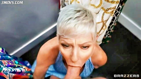 Seka Black in blue dress gives intense blowjob to Jimmy Michaels in Brazzers scene