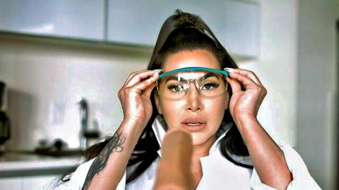 Korina Kova as busty scientist adjusting green glasses in open lab coat