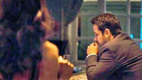 Esmeralda Pimentel in sexy low-back dress, intimate bar flirt with suited man