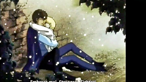 Anime slim blond boy embraced by suited dark-haired man in snowy scene