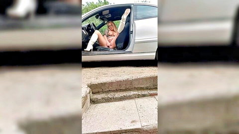 Meryledyxxx masturbating in car, legs spread in stockings and heels, squirting finish
