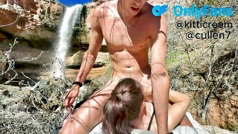 Muscular nude man in doggy style with ponytail girl outdoors near waterfall @kitticream @cullen