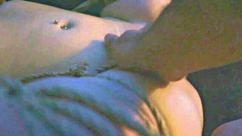Danny Moon in shibari bondage, POV hand on tied submissive body