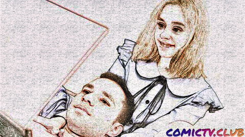Blonde comic schoolgirl in sailor uniform smiling teasingly over lying guy