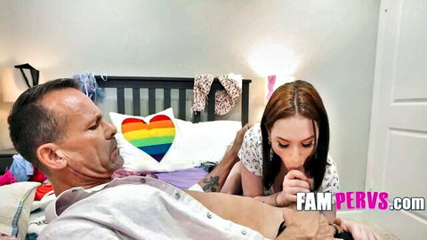 Gracie Gates as cheerleader giving stepdad blowjob on bed