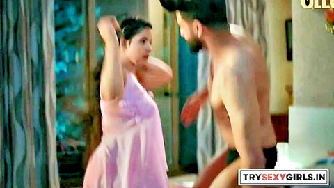 Desi Indian babe in sheer pink nightie lifts arms teasing muscular guy groping her from behind