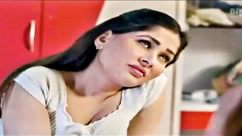 Seductive Indian girlfriend in low-cut white top teasing in kitchen, Dirty Girlfriend 2024