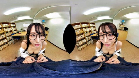 Asian woman with glasses teasing by pulling down jeans in VR view